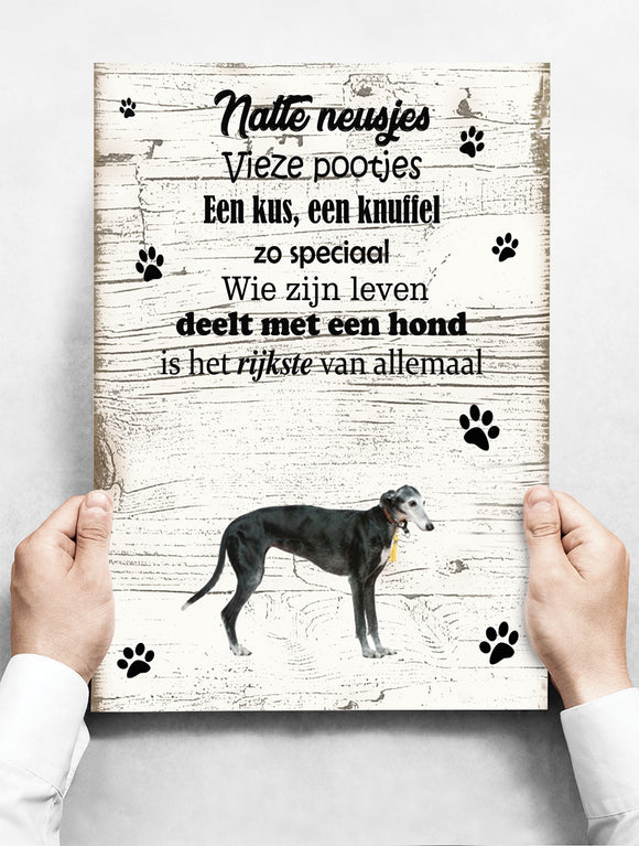 Wandbord hond: windhond zwart - 30 x 42 cm