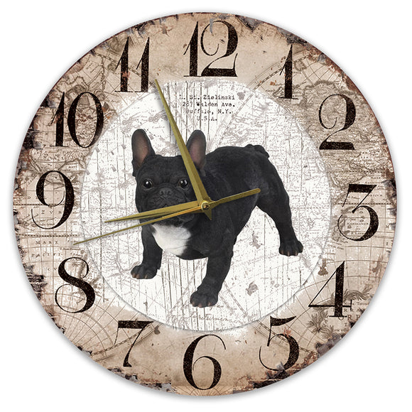 Houten Klok - 30cm - Hond - Buldog zwart