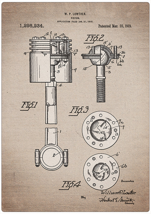 Spreukenbordje: Vintage Patent - Piston uit motorblok | Houten Tekstbord