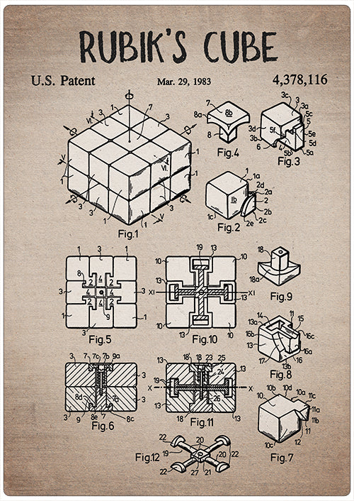 Spreukenbordje: Vintage Patent - Rubiks Cube | Houten Tekstbord