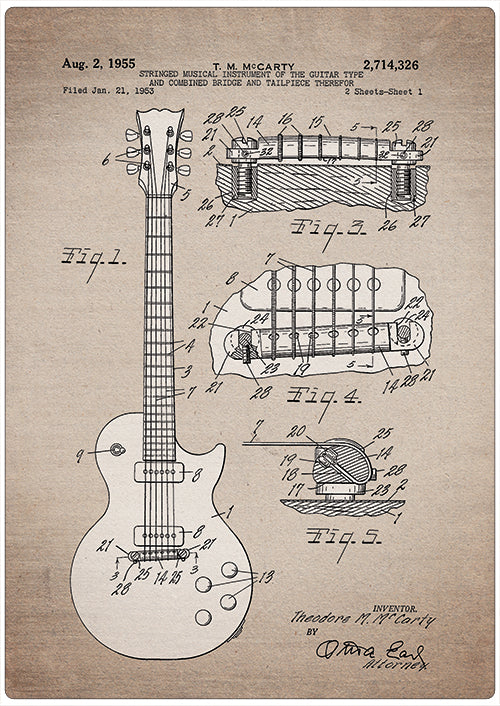 Spreukenbordje: Vintage Patent - Gitaar McCarty uit 1955 | Houten Tekstbord