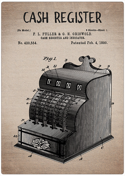 Spreukenbordje: Vintage Patent - Kassa uit 1890 | Houten Tekstbord