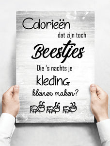 Wandbord: Calorieën, Dat Zijn Toch Beestjes Die 's Nachts Je Kleding Kleiner Maken? | 30 x 42 cm