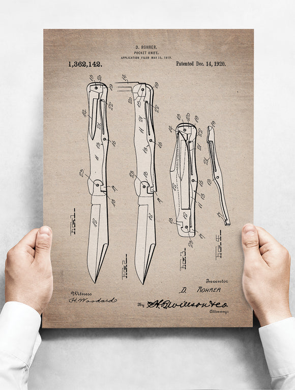 Wandbord: Vintage Patent - Zakmes Pocket Knife | 30 x 42 cm