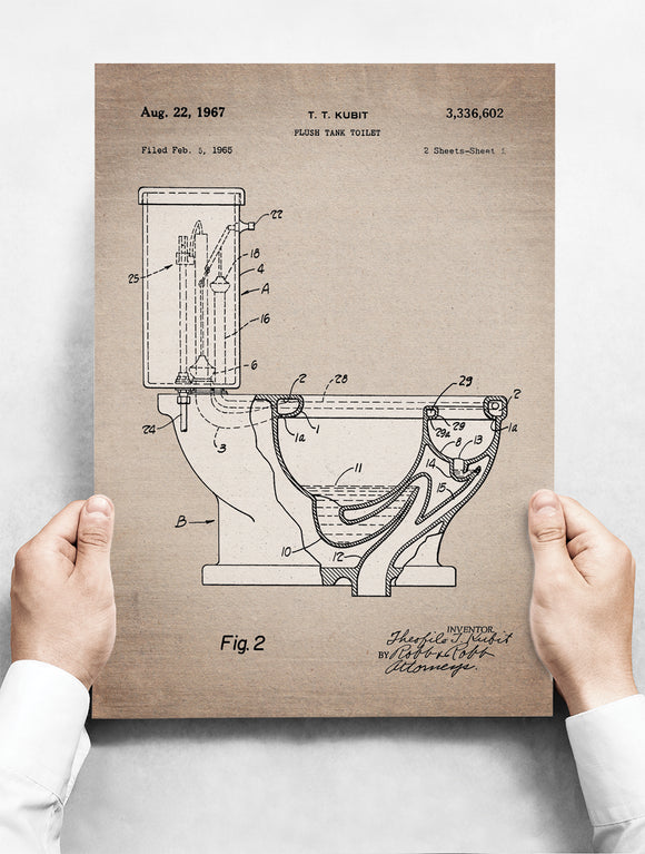 Wandbord: Vintage Patent - Toilet met Spoelbak| 30 x 42 cm