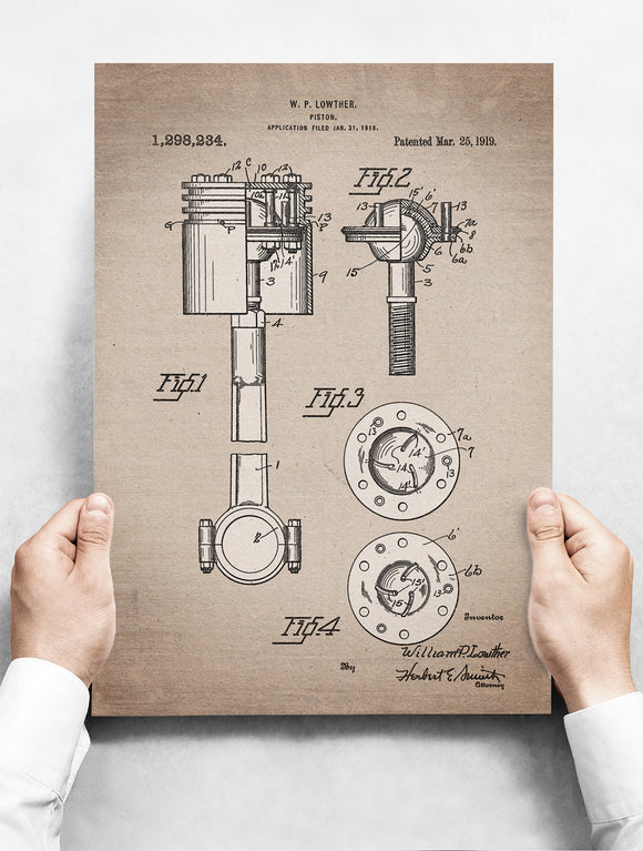 Wandbord: Vintage Patent - Piston uit motorblok | 30 x 42 cm