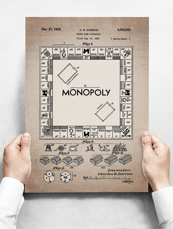 Wandbord: Vintage Patent - Bordspel Monopoly Uit 1935 | 30 x 42 cm